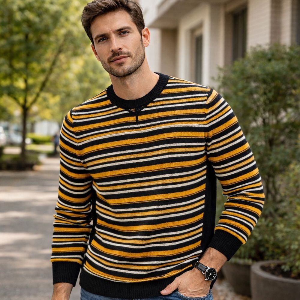 Mens Striped Crewneck Sweater Medium Black Yellow Knit Pullover Ovadia & Sons